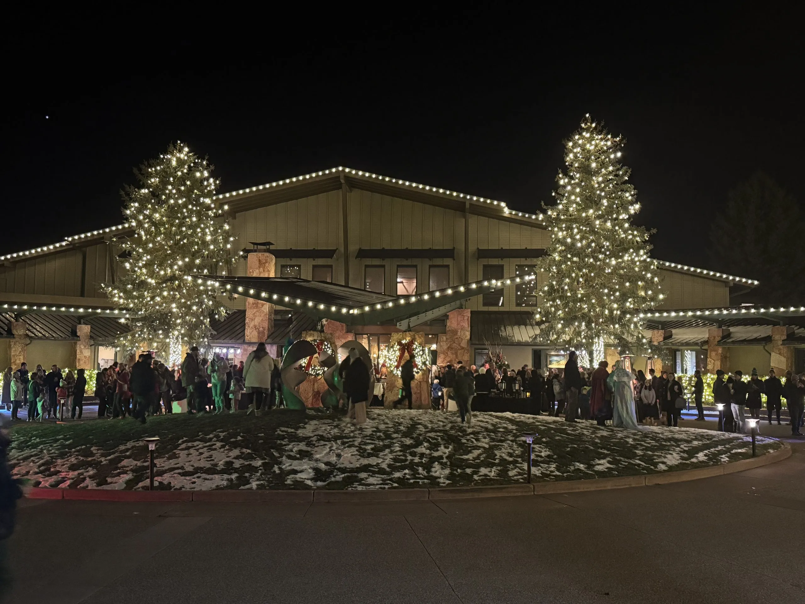 festive lighting in the night time at the Garden of the Gods Resort & Club in Colorado Springs