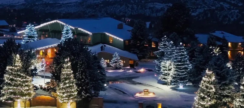 festive lighting in the night time at the Garden of the Gods Resort & Club in Colorado Springs